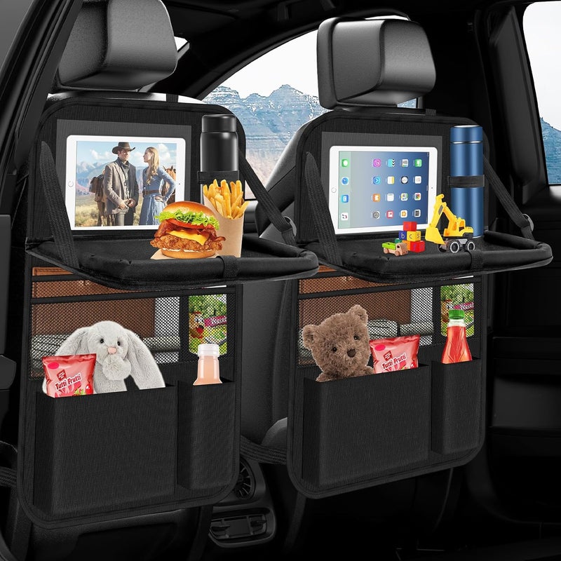 Oneyus Car Organiser - Pack of 2 Multifunctional Back Seat Organisers with Folding Table and Tablet Bag, Black - Image 1
