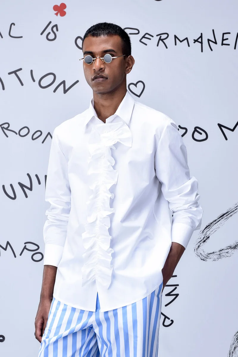 Genes Lecoanet Hemant Detachable Ruffle Placket Regular Fit Shirt -White