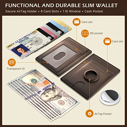 typecase Slim Minimalist Card Mens Wallet for AirTag, Front Pocket Premium Crazy Horse Leather Wallet with AirTag Holder, RFID Blocking Cash Credit Card Wallet Compatible with AirTag (Brown) - Image 2