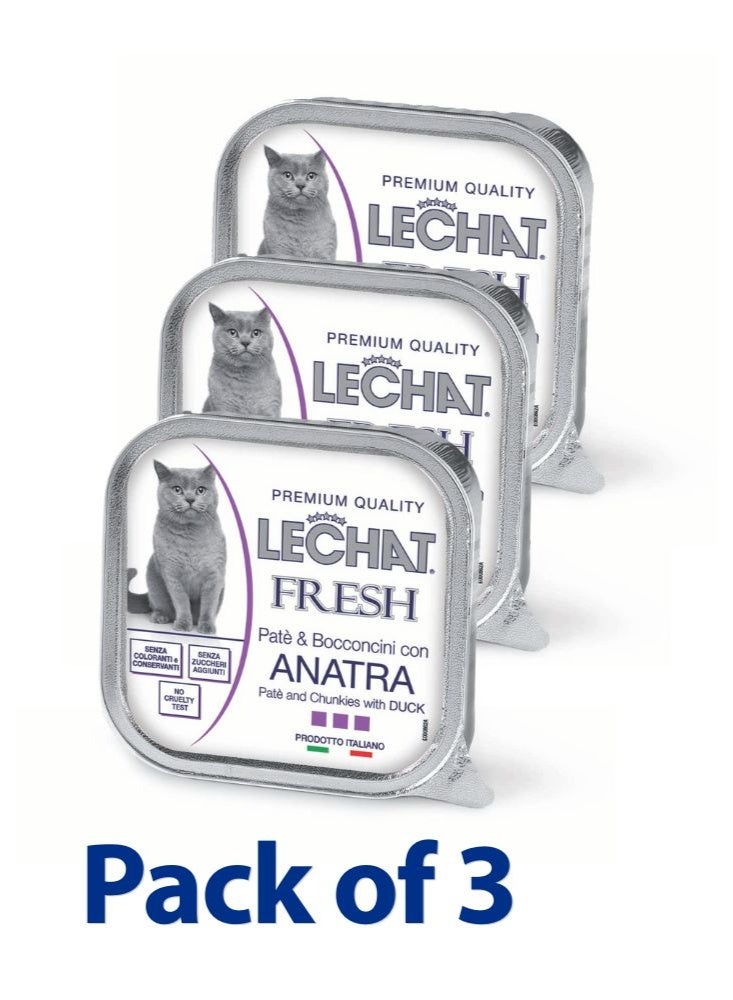 LeChat Excellence by Monge | Fresh Cat Wet Food | with Tasty Duck Paté & Chunkies | Supports Hydration & Palatability | 100g Tray | Made in Italy | Pack of 3