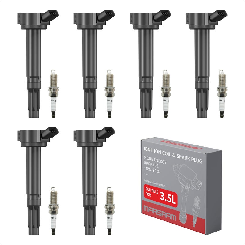 Marsram UF487 Ignition Coil Pack & Double Iridium Spark Plug Fit for Toyota Lexus 2005-2018 Camry Highlander Avalon Rav4 Sienna Venza RX350 ES350 RX450h 3.5L V6 Replace 90919-02251 90919-A2002 6Pcs - Image 1