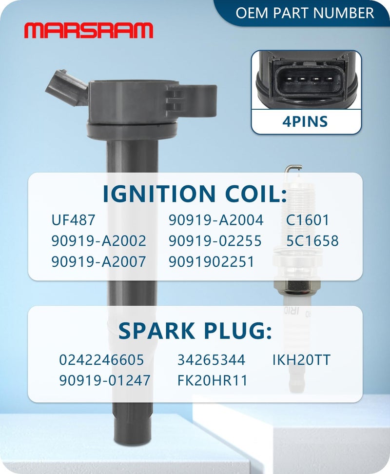 Marsram UF487 Ignition Coil Pack & Double Iridium Spark Plug Fit for Toyota Lexus 2005-2018 Camry Highlander Avalon Rav4 Sienna Venza RX350 ES350 RX450h 3.5L V6 Replace 90919-02251 90919-A2002 6Pcs - Image 3