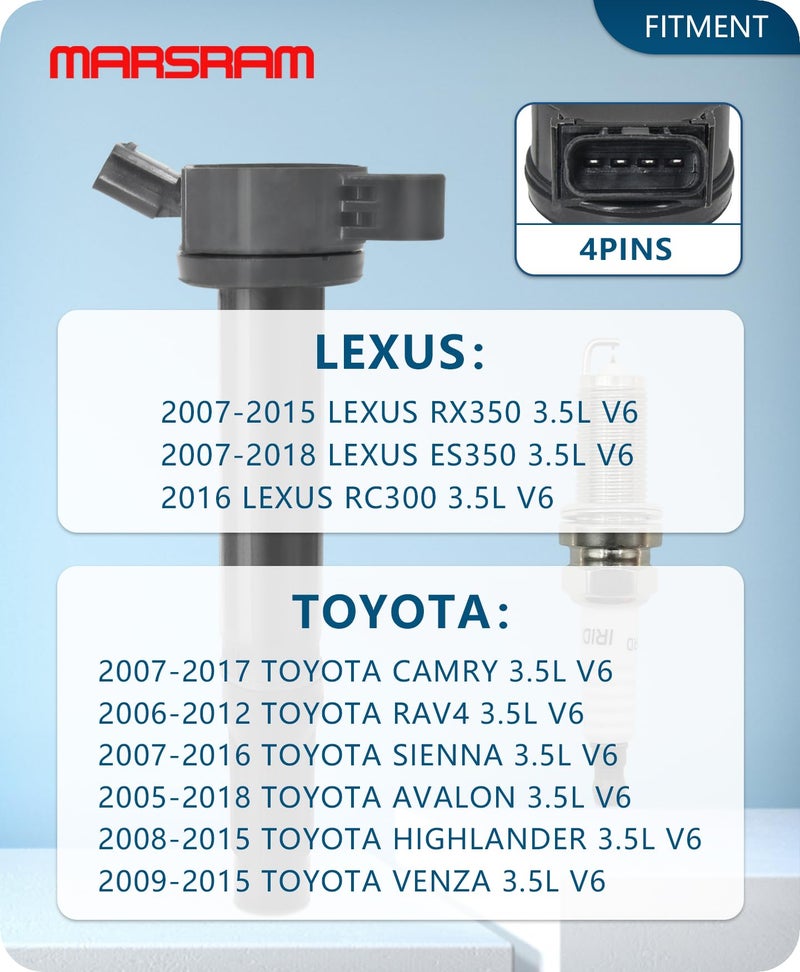 Marsram UF487 Ignition Coil Pack & Double Iridium Spark Plug Fit for Toyota Lexus 2005-2018 Camry Highlander Avalon Rav4 Sienna Venza RX350 ES350 RX450h 3.5L V6 Replace 90919-02251 90919-A2002 6Pcs - Image 2