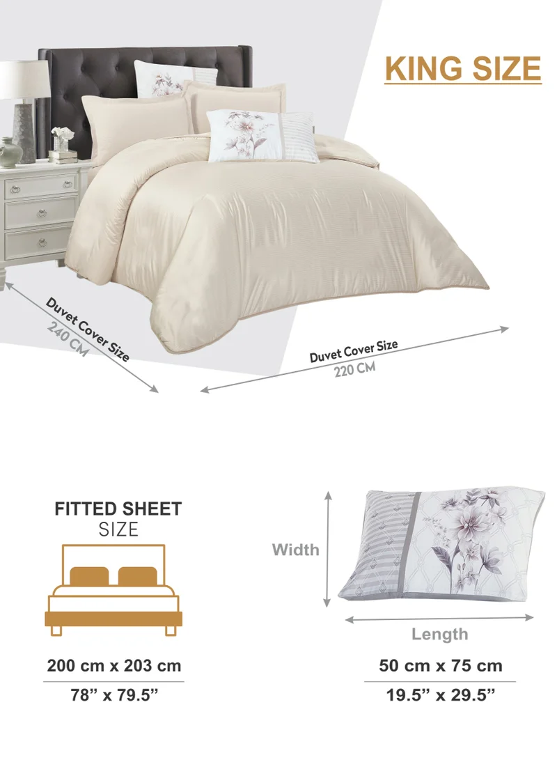 Donetella Duvet Set 6-Pcs King Size Striped Microfiber Bed Set With 1 Duvet Cover(220 X 240 CM) 1 Fitted Sheet 2 PillowSham And 2 Digital Printed Pillowcases(Without Filler),Linen