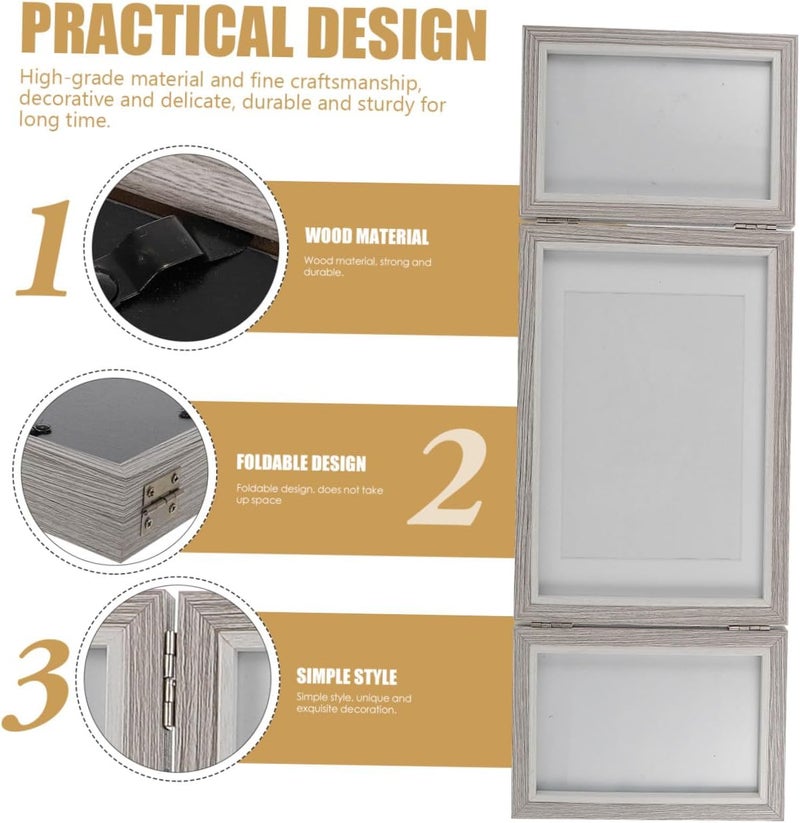 Wooden Folding Photo Frame Triple Set, Tabletop Decorative Display, 2pcs 6-inch 7-inch Gray Wooden Picture Frames for Home and Office Décor - Image 3