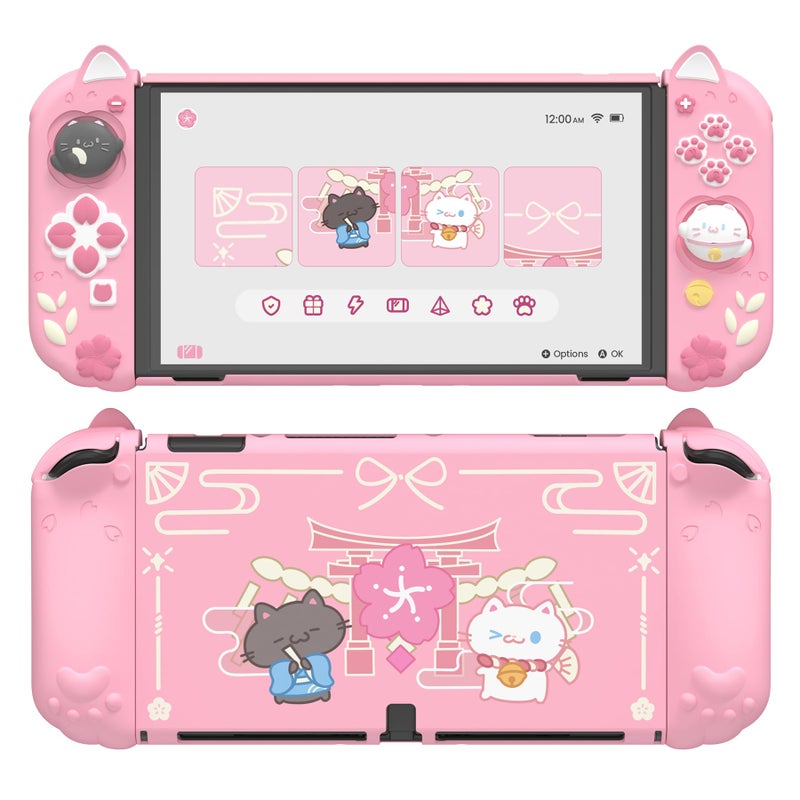 playvital Protective Case for Nintendo Switch OLED with Extra Stand - Cherry Blossoms Kitten Dockable Hard Shell Cover + Silicone Grips for Switch OLED with Thumb Grips, Shockproof - Pink - Image 1