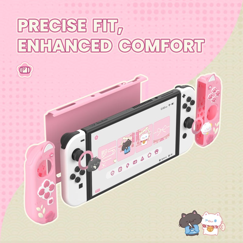 playvital Protective Case for Nintendo Switch OLED with Extra Stand - Cherry Blossoms Kitten Dockable Hard Shell Cover + Silicone Grips for Switch OLED with Thumb Grips, Shockproof - Pink - Image 4