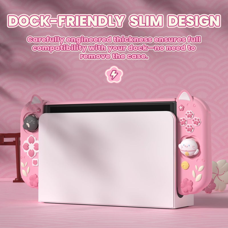 playvital Protective Case for Nintendo Switch OLED with Extra Stand - Cherry Blossoms Kitten Dockable Hard Shell Cover + Silicone Grips for Switch OLED with Thumb Grips, Shockproof - Pink - Image 3