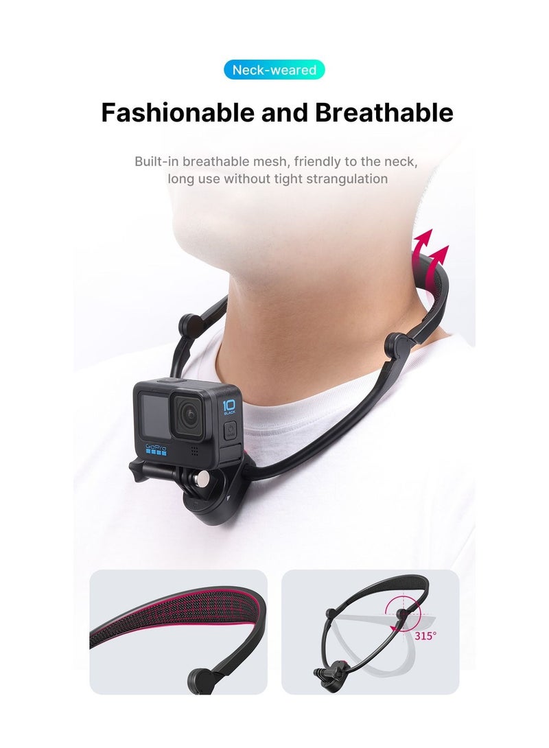Action Camera Neck Mount Bracket for POV/VLOG, Extendable Selfie Neck Holder Mount Kit for Cycling/Travel, Compatible with GoPro MAX Hero, DJI, SJCAM, and Cell Phone (Black) - Image 4