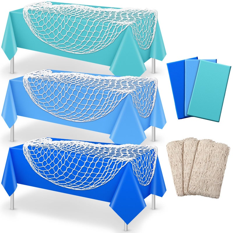Unittype 6 Pcs Fish Net Decorative and Tablecloth Set, Cotton Fishnet and Plastic Table Cover Decorations Set for Nautical Themed Party Baby Shower Pirate Decorations Mermaid Party(Vivid Color) - Image 1