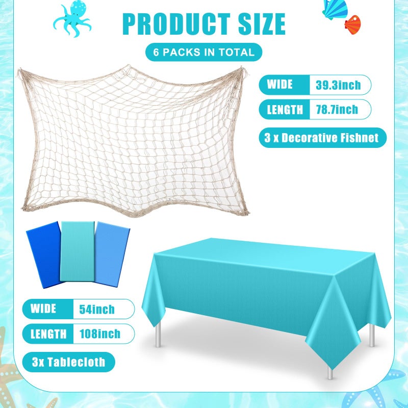 Unittype 6 Pcs Fish Net Decorative and Tablecloth Set, Cotton Fishnet and Plastic Table Cover Decorations Set for Nautical Themed Party Baby Shower Pirate Decorations Mermaid Party(Vivid Color) - Image 2