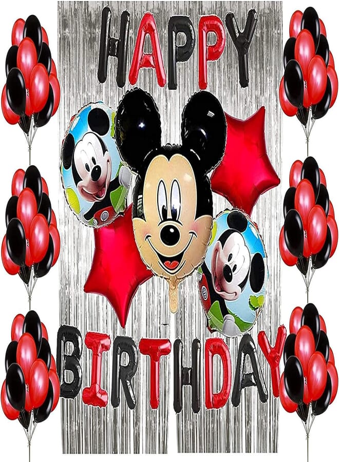 Secret Mickey Mouse Theme Birthday Party Decoration Item Combo Pack of 50, Mickey Happy Birthday Foil Banner, Foil Curtains, Mickey Foil Balloons Set, Metallic Balloons, Red and Black