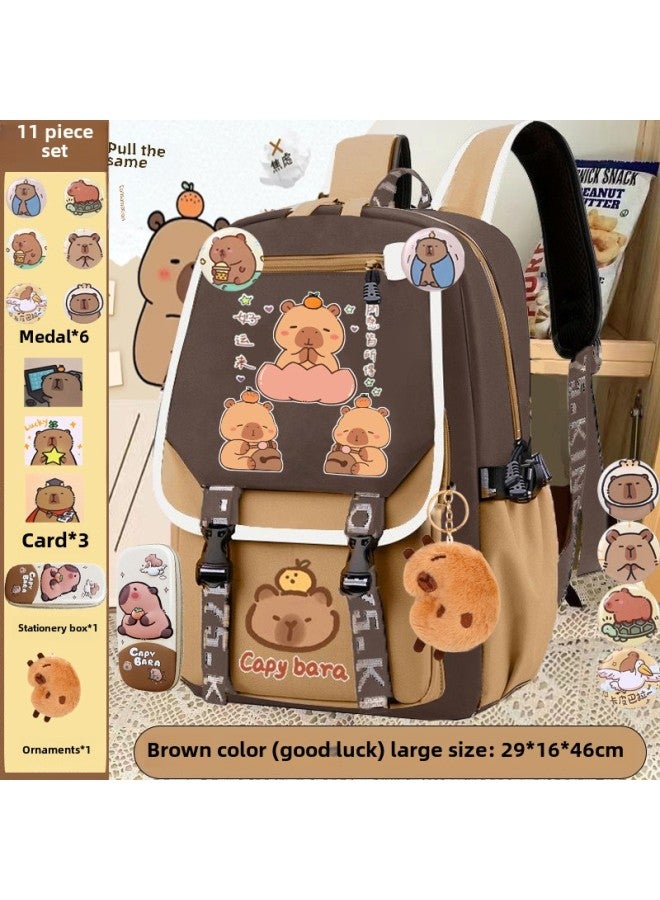Children's Schoolbag Kabibala Large Capacity Brown Light Capybara Backpack For Boys And Girls-Color:Brown Horizontal Zipper Model In Learning [capibala] Large Size-Size:Schoolbag + 10-piece Set  - Image 4
