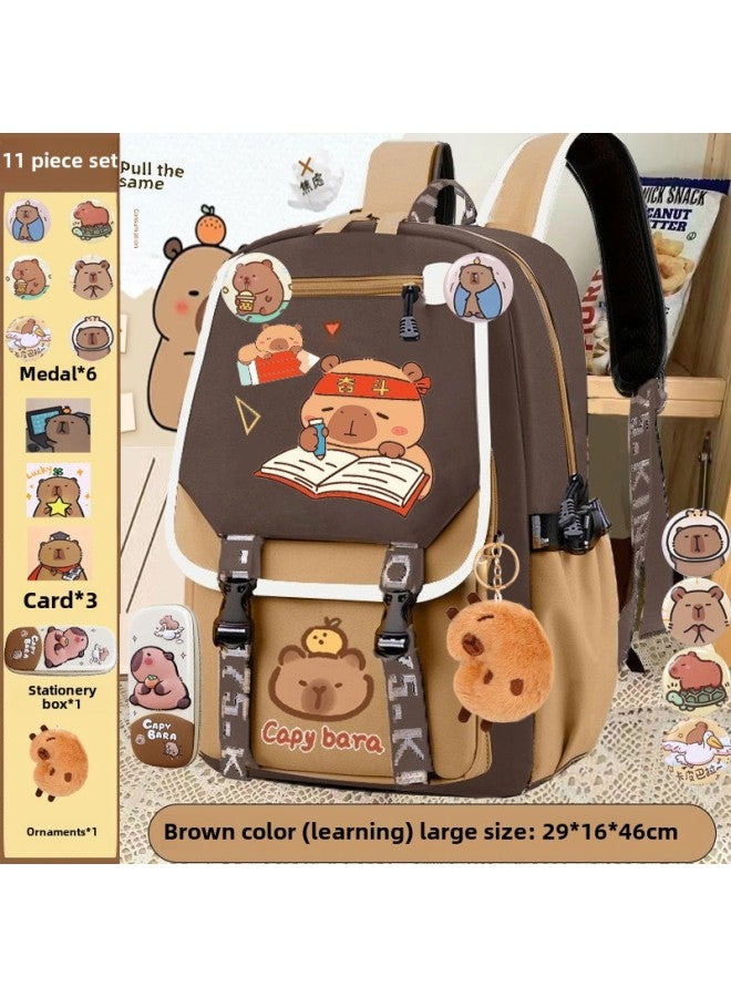 Children's Schoolbag Kabibala Large Capacity Brown Light Capybara Backpack For Boys And Girls-Color:Brown Horizontal Zipper Model In Learning [capibala] Large Size-Size:Schoolbag + 10-piece Set  - Image 3