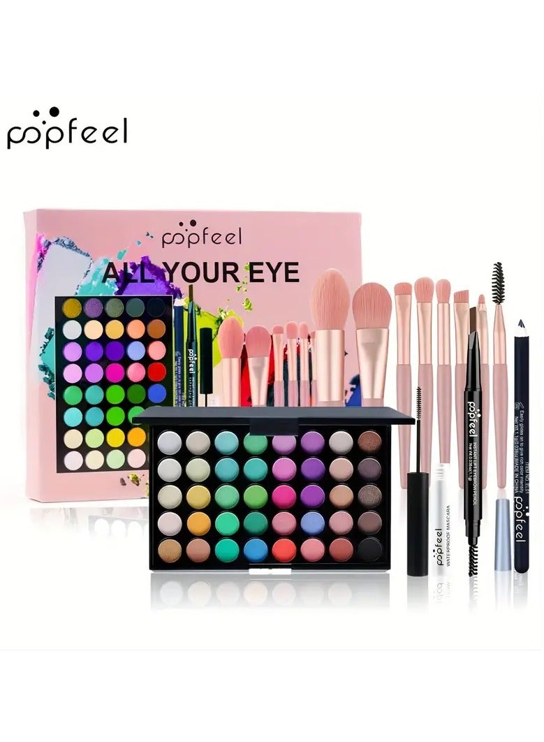 popfeel 40 Colors Eyeshadow Palette Set, Eyebrow Pencil Eyeliner Pen Mascara With A Set Of Makeup Brushes Eye Cosmetics, Ideal Gift For Mother's Day Makeup Set - Image 1