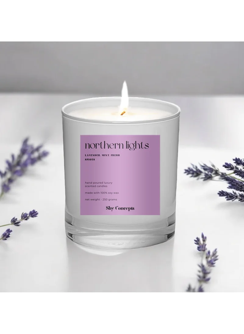 Shy Concepts Premium Scented Candle Handmade with Natural Soy Wax for Aromatherapy, Stress Relief, Relaxation, Gift, Home Decor| Fragrance Oils| Lavender, Mint, Fresh Spices| 250 grams| White Candle Jar|
