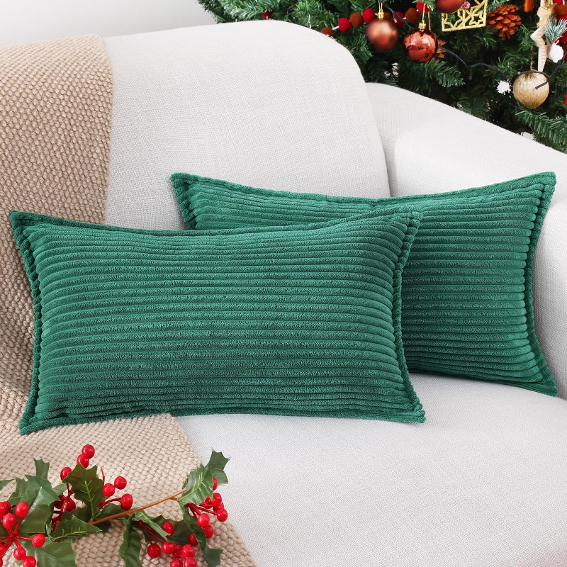 Mecatny Corduroy Pillow Covers 12x20 Inch Set of 2  Striped Decorative Lumbar Throw Pillow Covers with Wide Border for Couch Living Room Bed  Green - Image 1