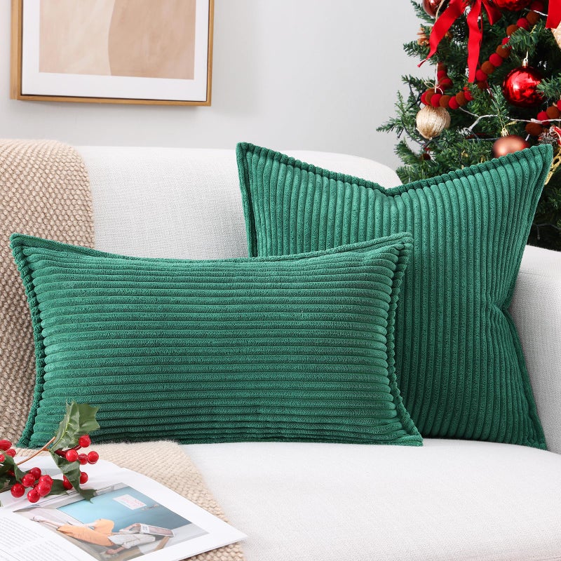 Mecatny Corduroy Pillow Covers 12x20 Inch Set of 2  Striped Decorative Lumbar Throw Pillow Covers with Wide Border for Couch Living Room Bed  Green - Image 2