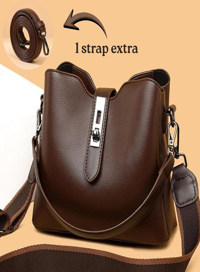 Gowloz Women's PU Leather Bucket Bag, Brown Stylish Crossbody Shoulder Handbag for Work, Travel, Shopping, Daily Use - Image 2