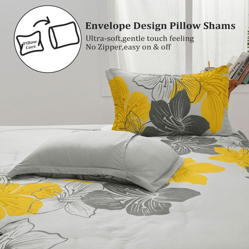 Menghomeus Floral Comforter Set Queen Yellow Floral Pattern Printed on Grey Soft Microfiber Bedding Set Lightweight Bed Set for All Season, 3 Piece (1 Comforter, 2 Pillowcases) - Image 5