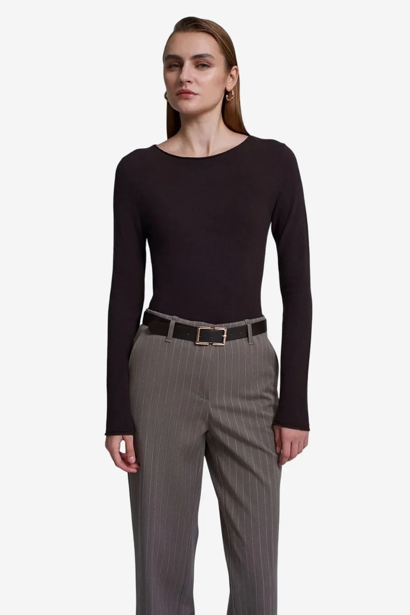 Dilvin Coffee Brown DILVIN Women's Ribbed Boat Neck Slim-fit Sweater for Women | Best Price UAE