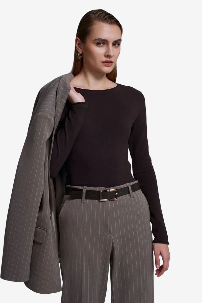 Dilvin Coffee Brown DILVIN Women's Ribbed Boat Neck Slim-fit Sweater for Women | Best Price UAE