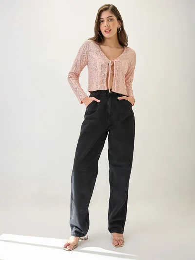 globus Women Embellished Tie-Up Neck Long Sleeves Cropped Party Shrug