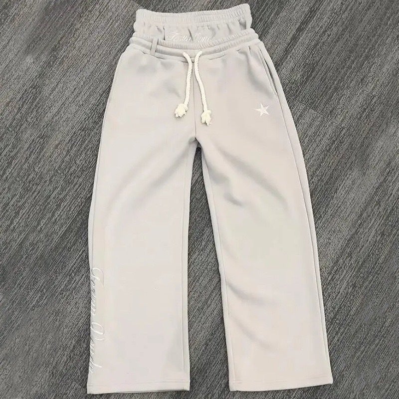 Cross-border European and American Double Waist Embroidered Sweatpants Men's and Women's Trendy Brand High Street Pants Fake Two-piece Pants Loose Wide-leg Pants - Image 2