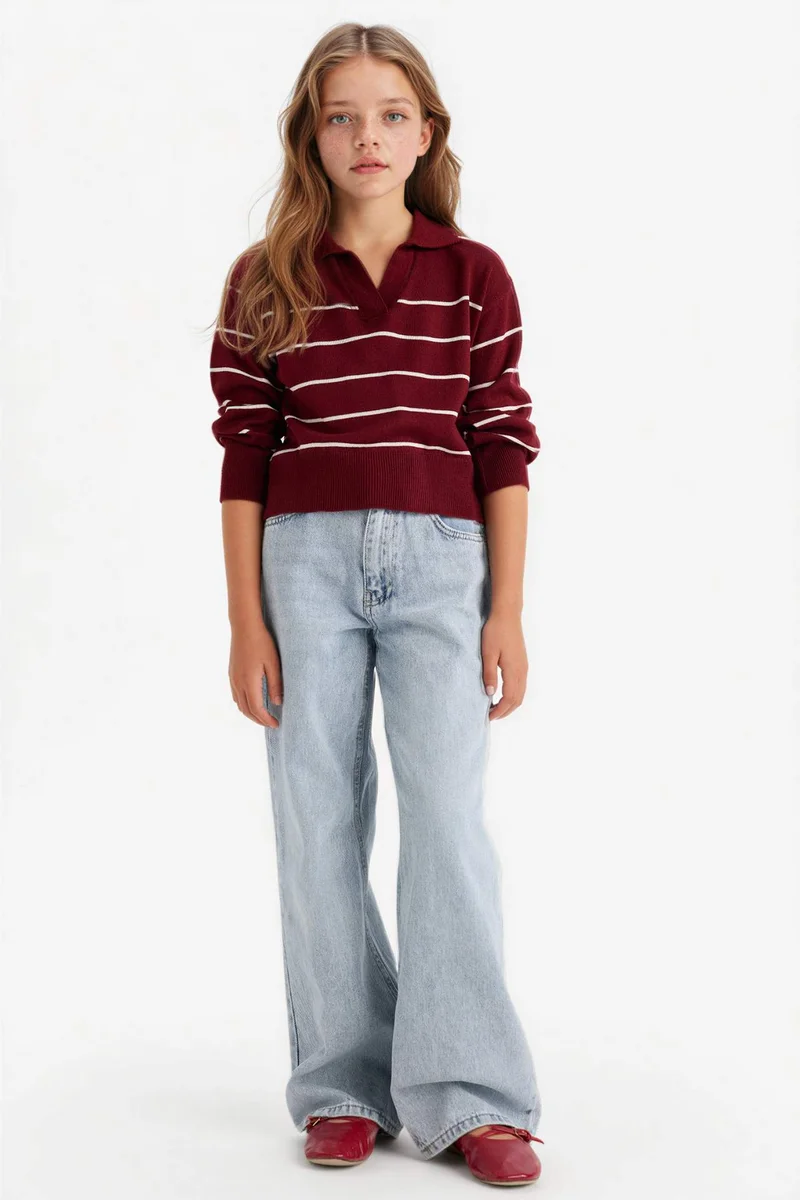 ديفاكتو Girl Standard Fit Striped Polo Neck Knitwear Pullover
