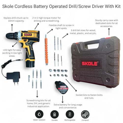 SKOLE Professional 12V Cordless Double Battery Drill Driver |18 Settings|1450 RPM|10mm Keyless Chuck|LED Light |2-Speed Mode|1500mAh Battery|2 Battery |27 Accessories|Home & DIY Projects - Image 3