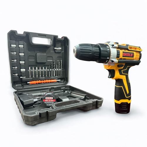 SKOLE Professional 12V Cordless Double Battery Drill Driver |18 Settings|1450 RPM|10mm Keyless Chuck|LED Light |2-Speed Mode|1500mAh Battery|2 Battery |27 Accessories|Home & DIY Projects - Image 1