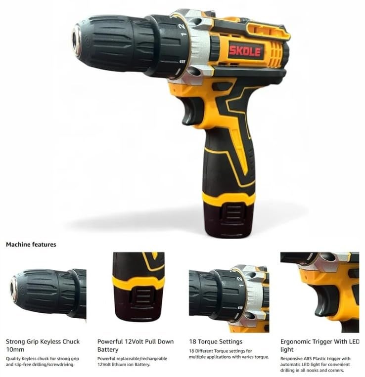 SKOLE Professional 12V Cordless Double Battery Drill Driver |18 Settings|1450 RPM|10mm Keyless Chuck|LED Light |2-Speed Mode|1500mAh Battery|2 Battery |27 Accessories|Home & DIY Projects - Image 2