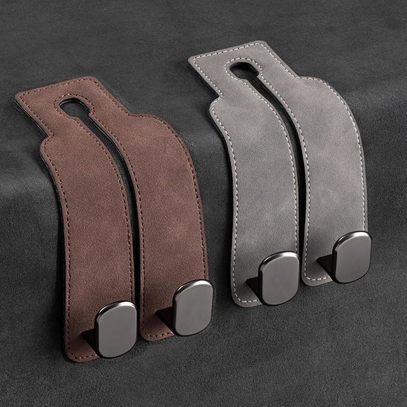 LINJIE Car Seat Hooks, Leather, 2 Pcs, Grey & Brown, Universal Fit, Seat Mount, Classic/Elegant, Car Seat Organizer - Image 1