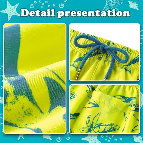 UMELOK Boys Swim Trunks Swimsuit Boxer Brief 2 in 1 Compression Liner Stretch Swim Shorts Quick Dry Beach Bathing Suit Neon Yellow Shark 10/12 - Image 3