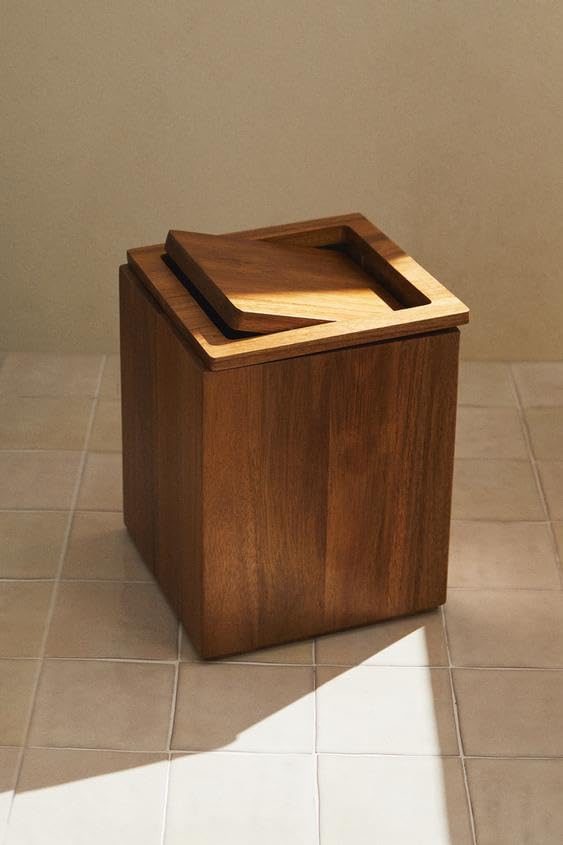 Md Decor Solid Sheesham Wood Trash Bin Square Wastebasket with Magnetic Lid Compact Stylish Dustbin for Home Bathrooms KitchensOffices and Travel Use Natural Finish - Image 1