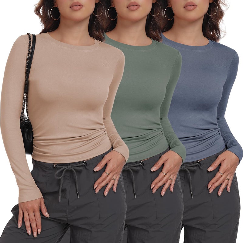 MLYENX 3 Pack Womens Long Sleeve Shirts Crew Neck Basic Stretchy Fitted Y2K Tops Going Out Fashion Clothes - Image 1