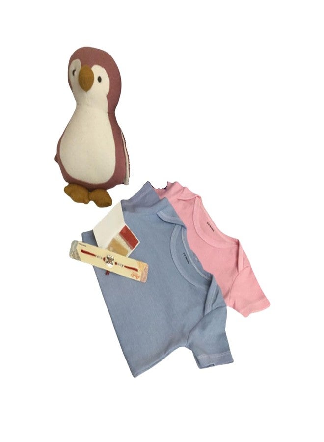 MOJOPANDA Gift Combo | Penguin Soft toy | Set of 2 Romper | Chocolate - Image 2