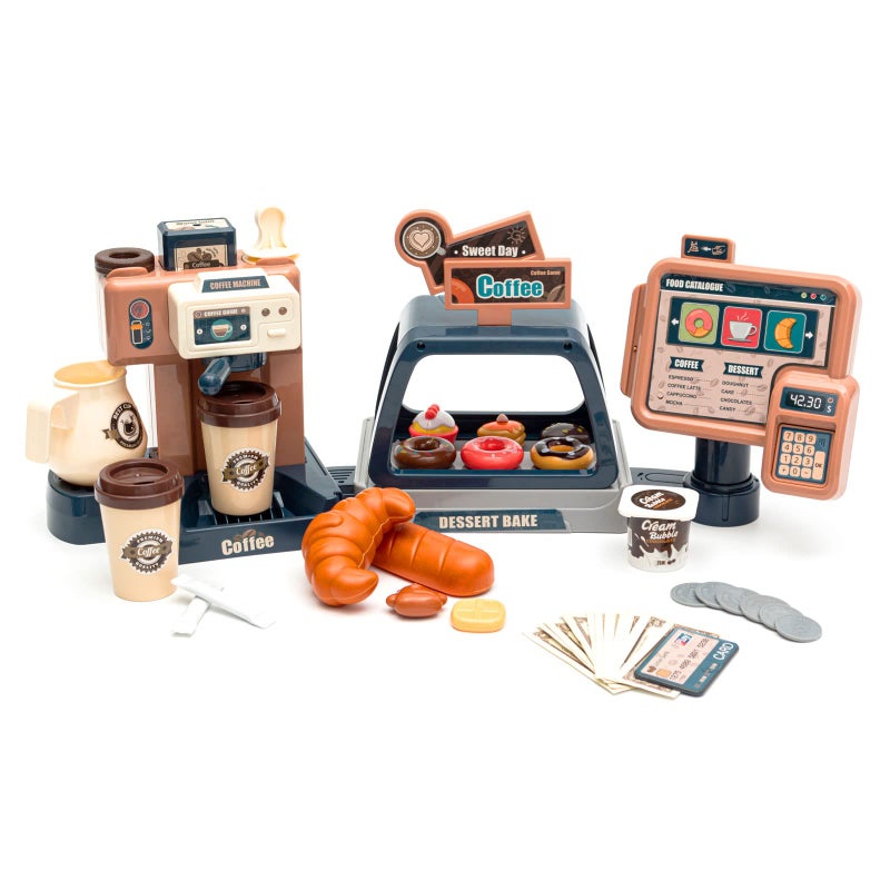 Jomifin Pretend Play Coffee Shop Playset 41 PCS with Coffee Maker Machine Sound Cash Register and Dessert Bakery Realistic Role Play Toy with Play Money Donuts Cakes for Kids Birthday Party Fun - Image 2