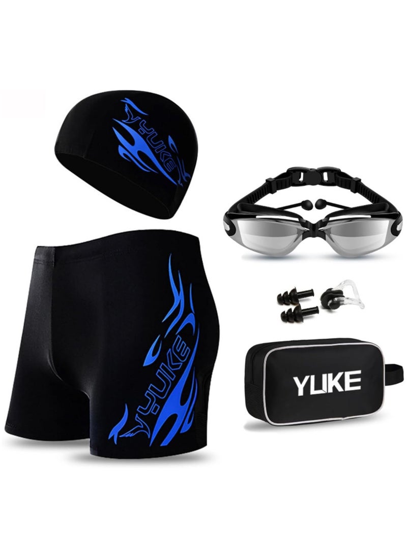 YUKE Men's Swimwear Set,6Pcs Swim wear Set,Swimming Trunks,Swim Goggles,Swim Cap,Ear Plugs,Nose Clip,Swim Bag.Adult Swimwear,Beach Essentials for Summer Fun.(Blue)  - Image 1