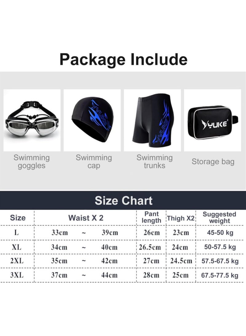 Men's Swimwear Set,6Pcs Swim wear Set,Swimming Trunks,Swim Goggles,Swim Cap,Ear Plugs,Nose Clip,Swim Bag.Adult Swimwear,Beach Essentials for Summer Fun.(Blue)