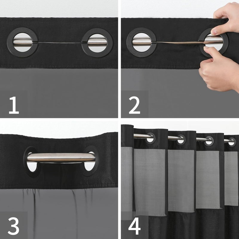 eachope No Hooks Needed Linen Textured Shower Curtain with Snap-in Fabric Liner Set,Black Hotel Luxury Decor Shower Curtains for Bathroom with Mesh Top Window,Waterproof & Washable,71Wx74H - Image 4