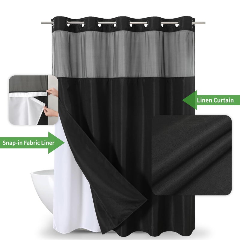 eachope No Hooks Needed Linen Textured Shower Curtain with Snap-in Fabric Liner Set,Black Hotel Luxury Decor Shower Curtains for Bathroom with Mesh Top Window,Waterproof & Washable,71Wx74H - Image 2