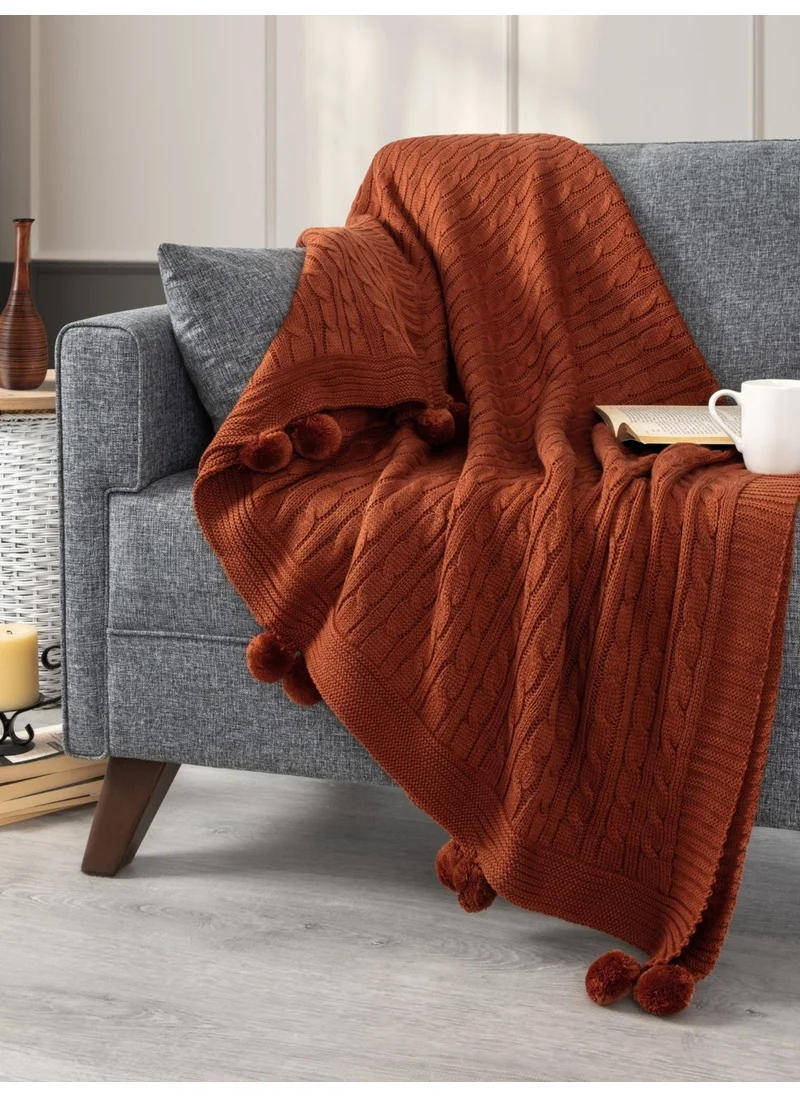 Sevim Pompom Knitted Tv Blanket – Sofa & Shoulder Shawl & Knee Blanket – 130X170 Cm-Tile-Terra