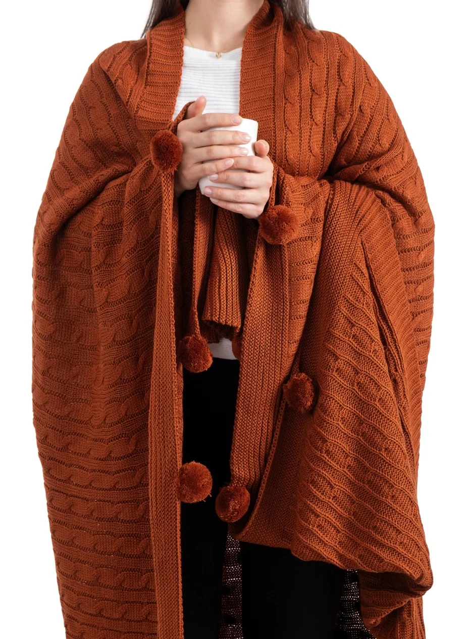 Sevim Pompom Knitted Tv Blanket – Sofa & Shoulder Shawl & Knee Blanket – 130X170 Cm-Tile-Terra