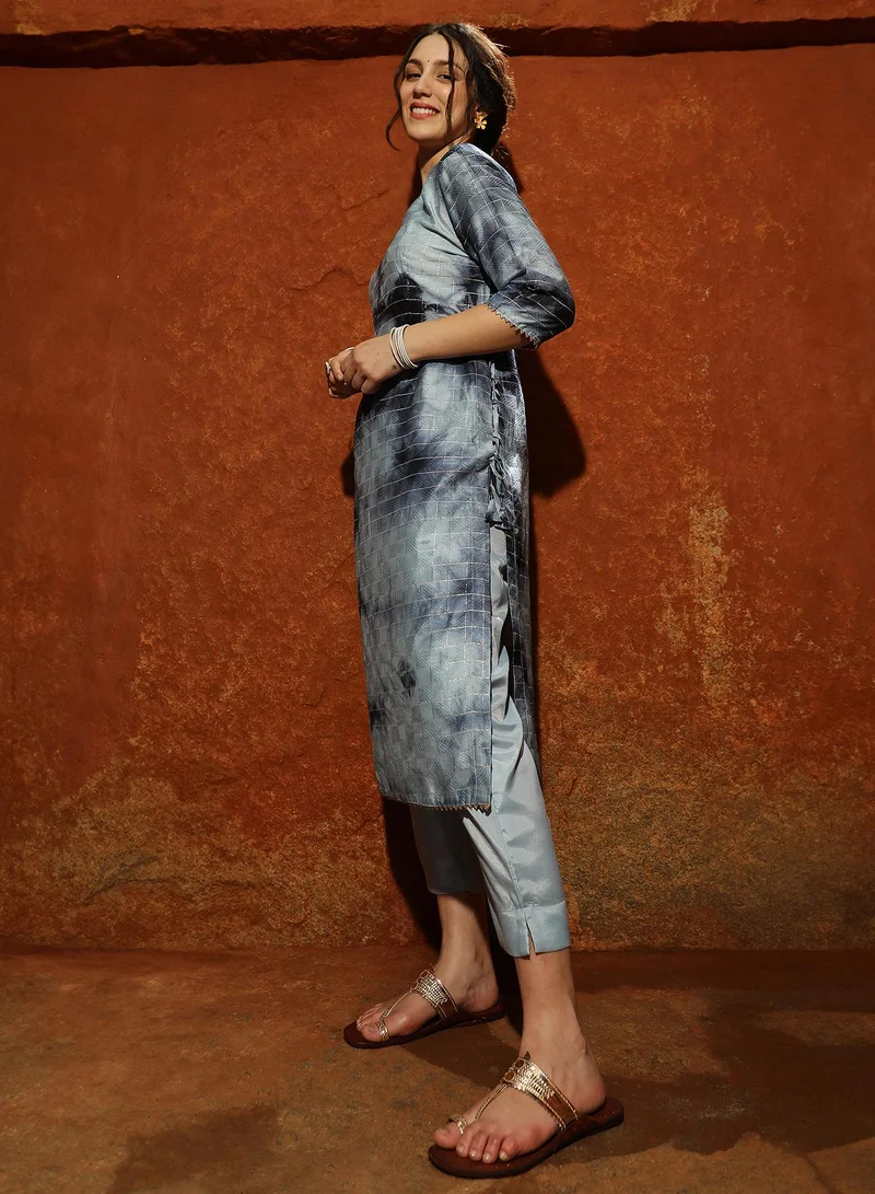  قصة Women's Navy Blue Tie-Dye Kurta With Trousers