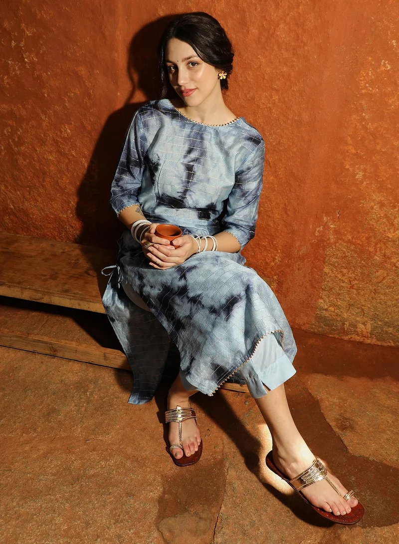  قصة Women's Navy Blue Tie-Dye Kurta With Trousers