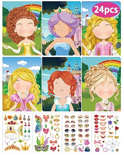 Greingways 24 Pcs Make Your Own Princess Sticker Sheet Princess Party Favors Face Stickers for Kids Girls Toddlers Crafts Activities Bags Birthday Party Favors Valentines Day Gifts for Kids Classroom - Image 1