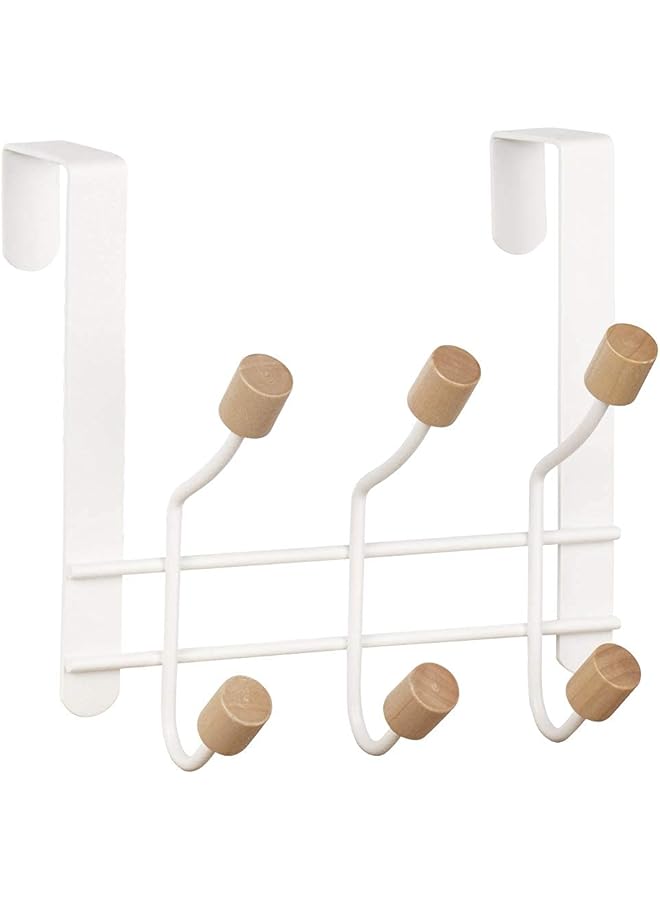 promass Over The Door Hooks, Sturdy Metal Over Door Organizer Rack with 6 Wooden Hooks for Hanging Coats Hats Robes Towels Bathroom Bedroom Door Hangers(White) - Image 1