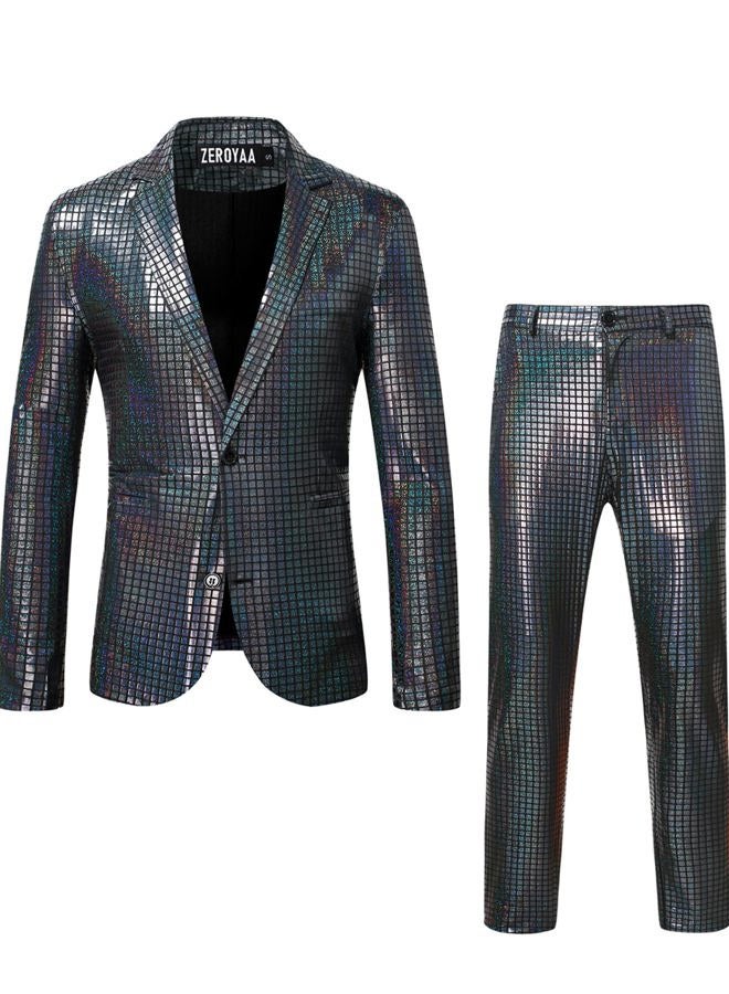 ZEROYAA Men's 70s Disco Suits Metallic Shiny Sequin Outfits Blazer and Pants Set Dance Party Costume Black X-Large - Image 1