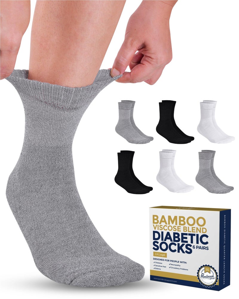 Pembrook Bamboo Viscose Diabetic Socks for Women Men 6 Pairs Ankle Stretch Top Mens Diabetic Socks Neuropathy Black Gray White